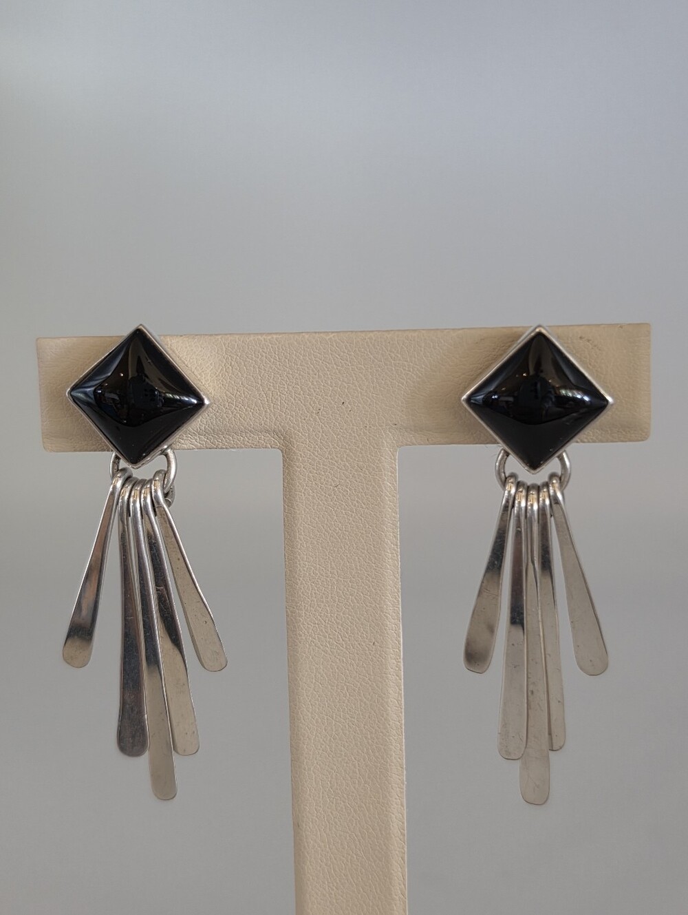 Black Stone & Sterling Silver Waterfall Silhouette Southwestern Style Earrings - Picture 4 of 9